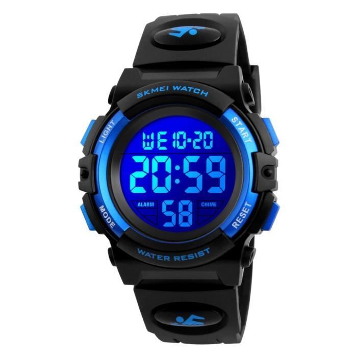 Montre Sport Montres de Luxe Enfants Garçon Numérique Étanche Horloges Watch Noir Bleu Cadeau de Noël