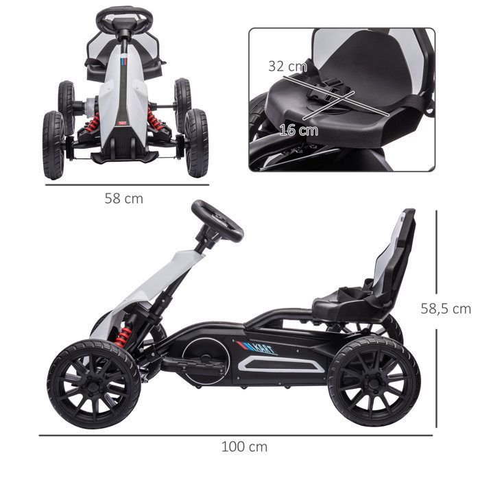 Go-kart eléctrico HOMCOM de 12 V para niños - Velocidad ajustable de 3 a 5 km/h para niños de 3 a 8 años - Asiento ajustable - Blanco
