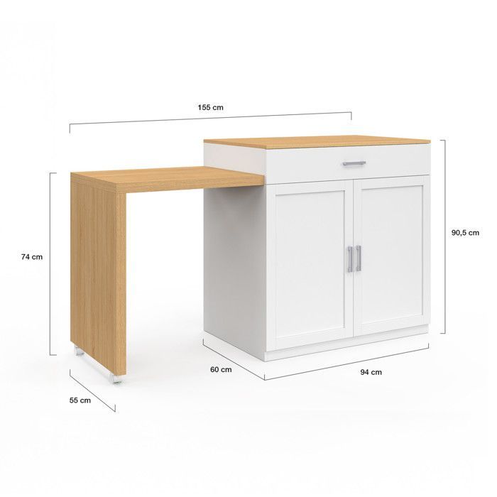 IDMARKET VITO 94-155 cm white wood central island with integrated extendable beech-effect dining table