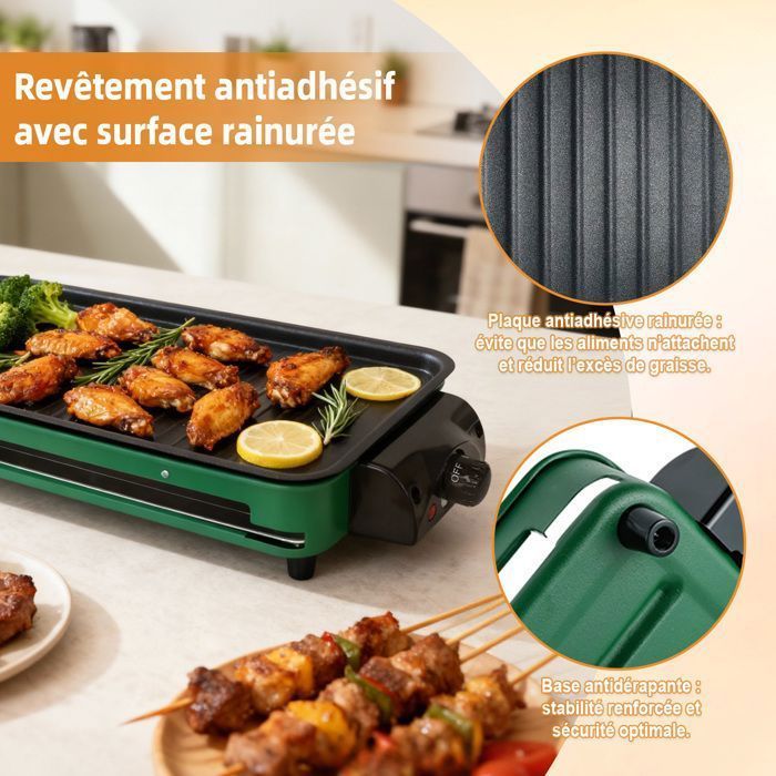 Plancha eléctrica multifuncional con termostato ajustable, bandeja recogegrasa, placa antiadherente y parrilla metálica para barbacoa - 46 x 22 cm