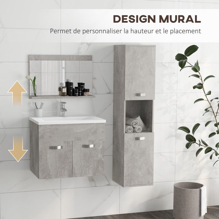 Ensemble de Meubles de Salle de Bain - kleankin - 4 Pièces - Mural - Miroir, Meuble sous Vasque, Lavabo et Armoire Haute - gris