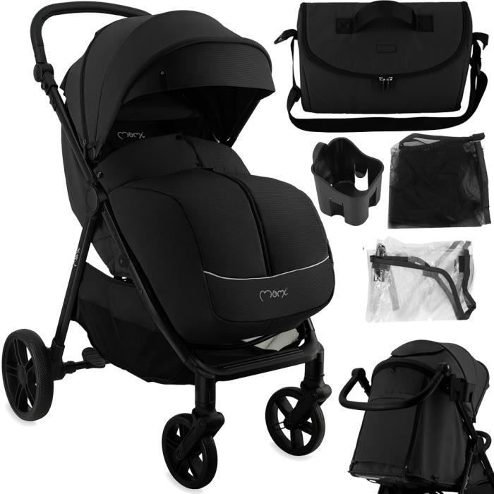 MoMi CLARA - Stroller 0m+ up to 22 kg - Rotating bar - Adjustable handle - Accessories included: bag, rain cover - Black
