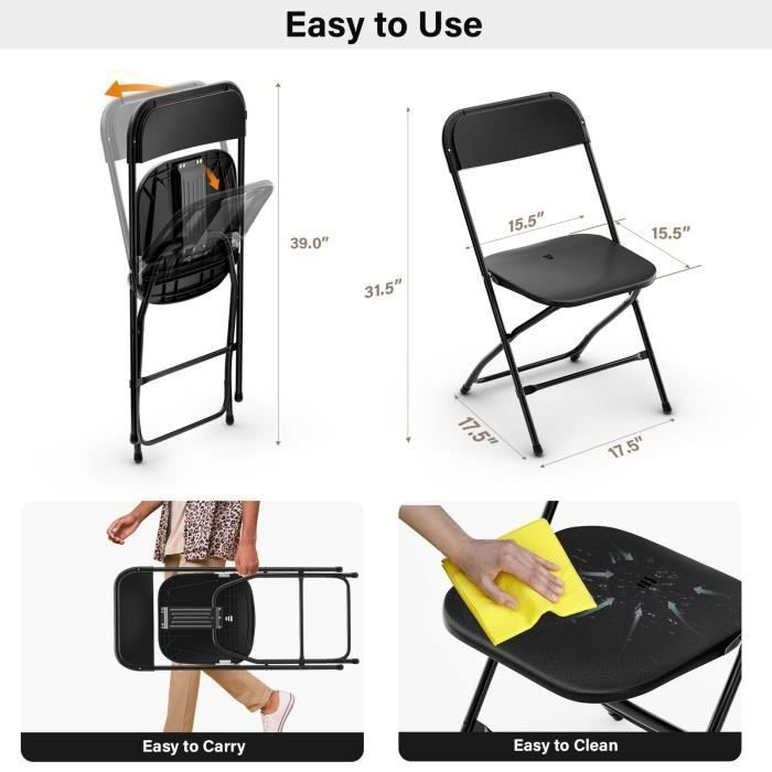 Juego de 10 sillas plegables de plástico negro, sillas plegables portátiles para jardín exterior.