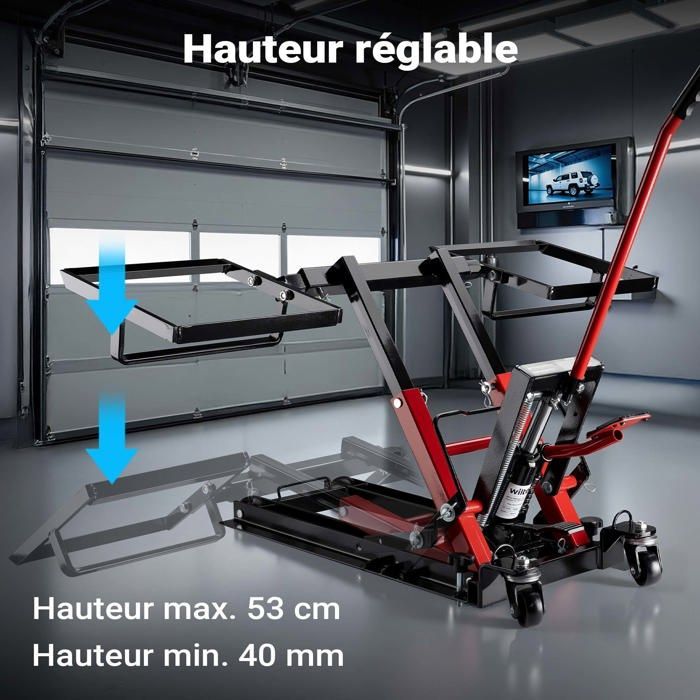 Gato hidráulico Wiltec 3 en 1 – Capacidad máxima 300 kg – Altura máxima de elevación 530 mm – para motocicletas, quads y tractores cortacésped – Sup