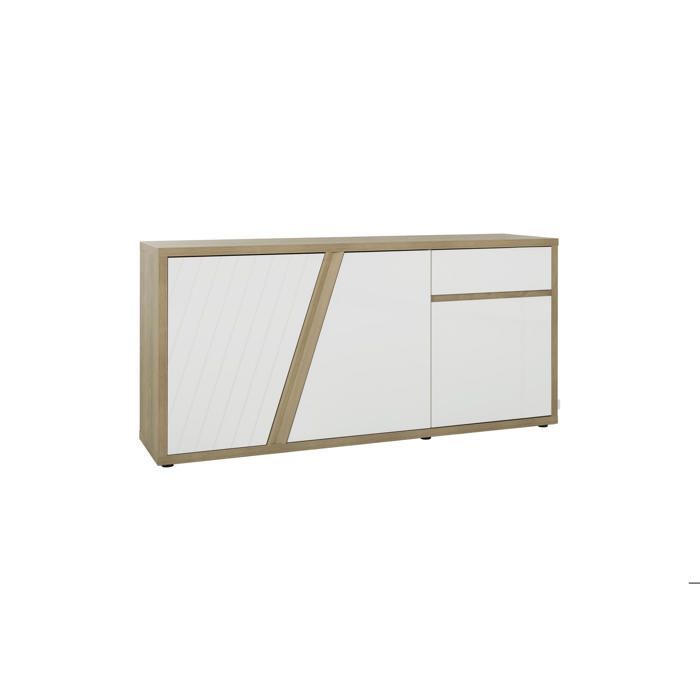 Buffet 3p 1t blanc brillant & effet bois chêne matière durable