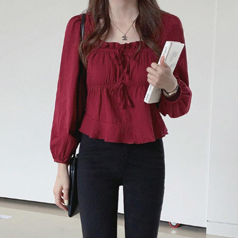 Blusa de calle para mujer, nueva colección primavera/verano 2020, moda, mangas largas tipo farol, cintura alta, cuello cuadrado, blusa dulce