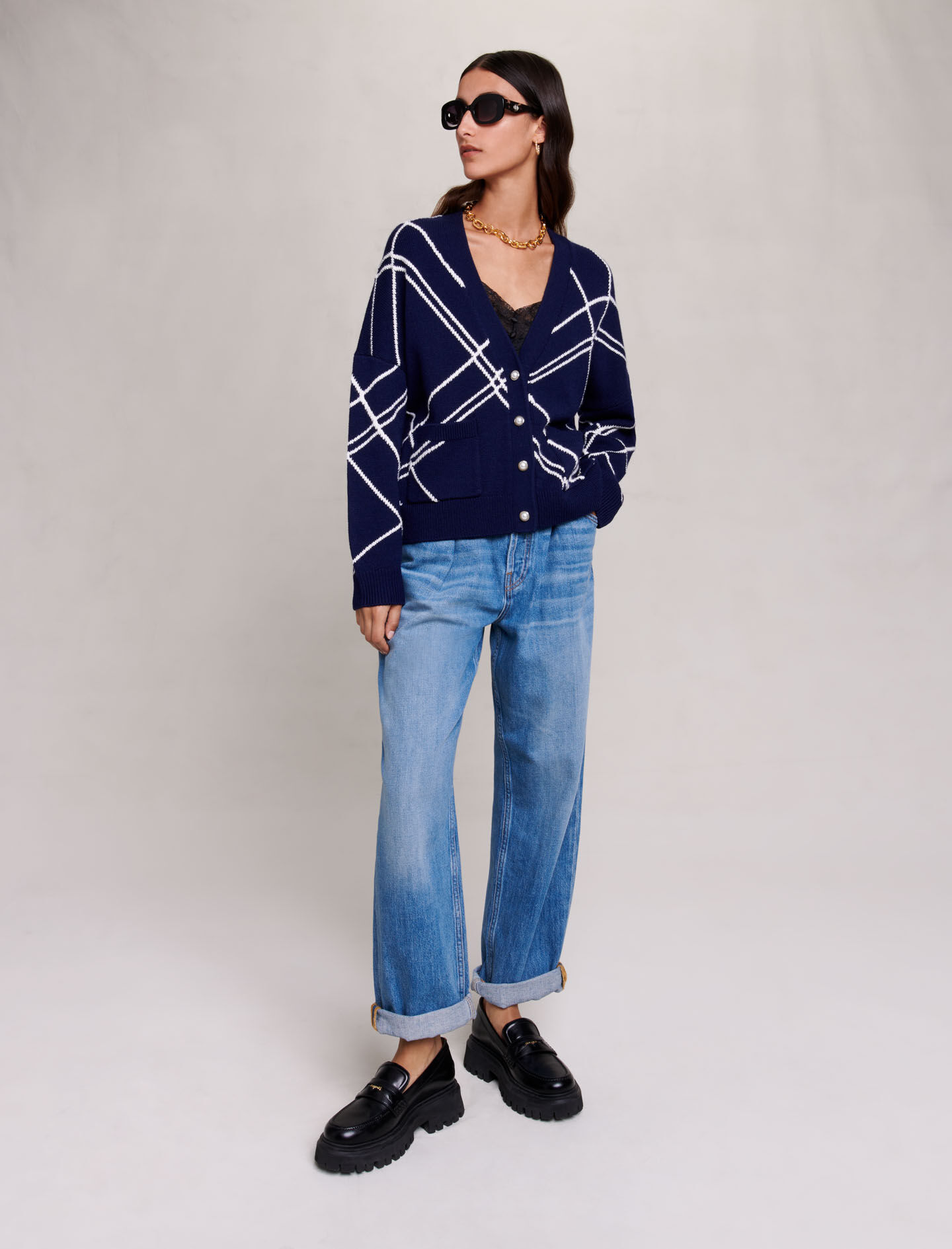 Gestreept gebreid vest - Marineblauw