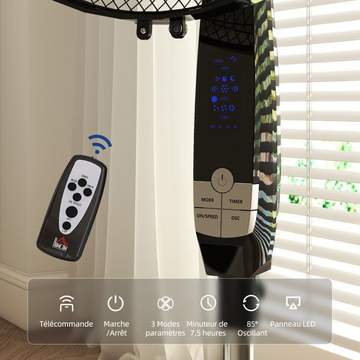 Ventilador de pedestal potente - HOMCOM - altura regulable - mando a distancia, 3 velocidades, oscilación y temporizador - negro