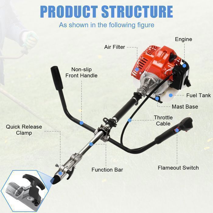Decespugliatore a benzina da 2200 W - Bi-Plut - Motore a 2 tempi - Lama e bobina - Accensione senza contatto - Asta lunga 180 cm