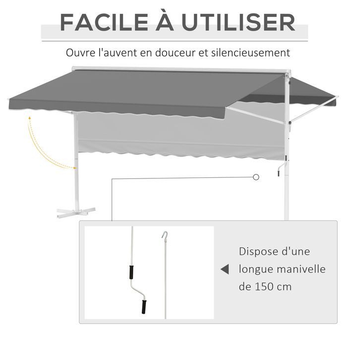 Manual retractable double-sloped awning, adjustable tilt, white epoxy-coated steel, waterproof polyester, UV-resistant, grey, dimensions