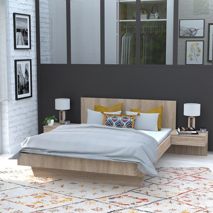 COOL bed 140x190 cm + 2 nachtkastjes + lattenbodem / Witgekalkte eiken afwerking