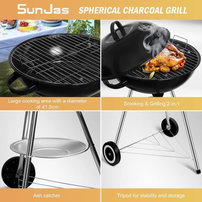 Barbacoa redonda de carbón - SunJas - Barbacoa móvil, parrilla portátil para jardín, con tapa y 2 ruedas - 46*44*70cm