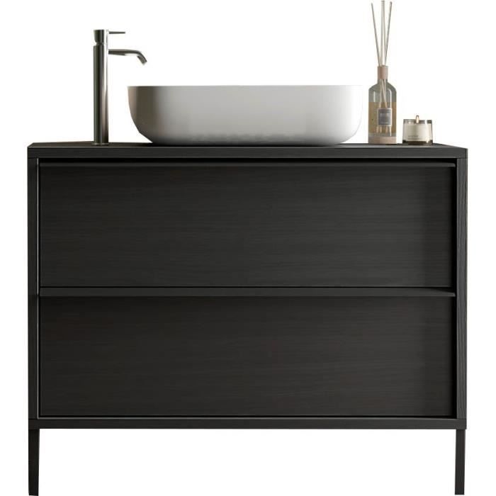 Mueble de baño con lavabo individual, 92 cm de ancho - 2 cajones - Acabado en roble negro - ACERO