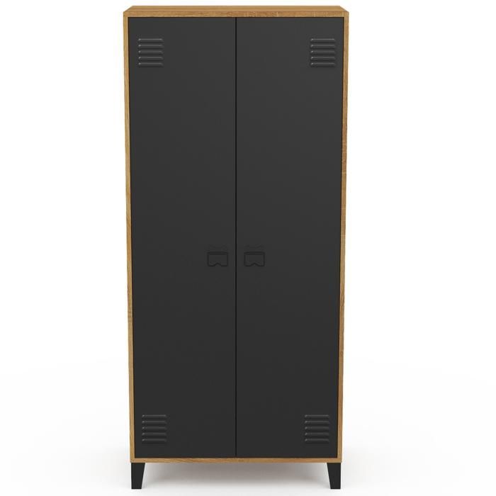 IDMARKET ESTER 2-door wardrobe/locker, black metal with wood trim, industrial design