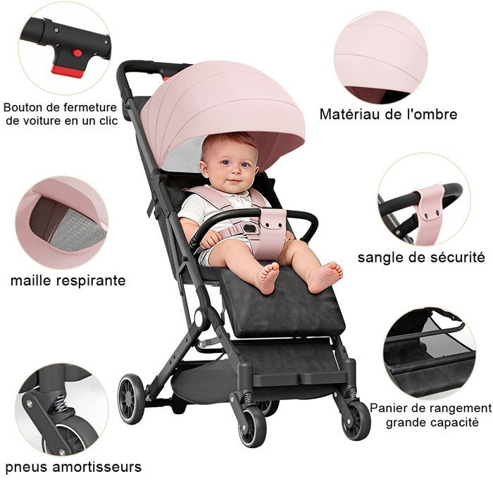 Cochecito plegable de tres piezas, silla de coche para bebé, totalmente ajustable, tejido Oxford, diseño de doble cierre, rosa, HUOLE