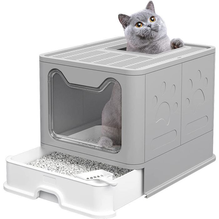 SUPFINE Bac à Litière pour Chat Fermée - Maison de Toilette pour Chat Pliable -41×51×38cm - 2 Portes - avec Couvercle et Tiroir