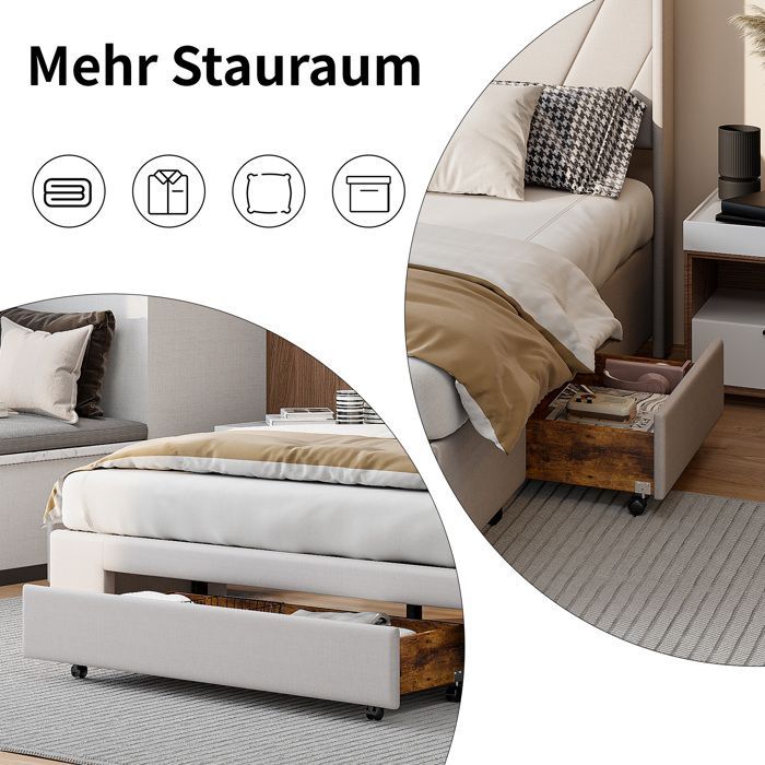 Letto matrimoniale 160 x 200 cm con rete a doghe, letto imbottito con 3 cassetti, tessuto di lino, beige