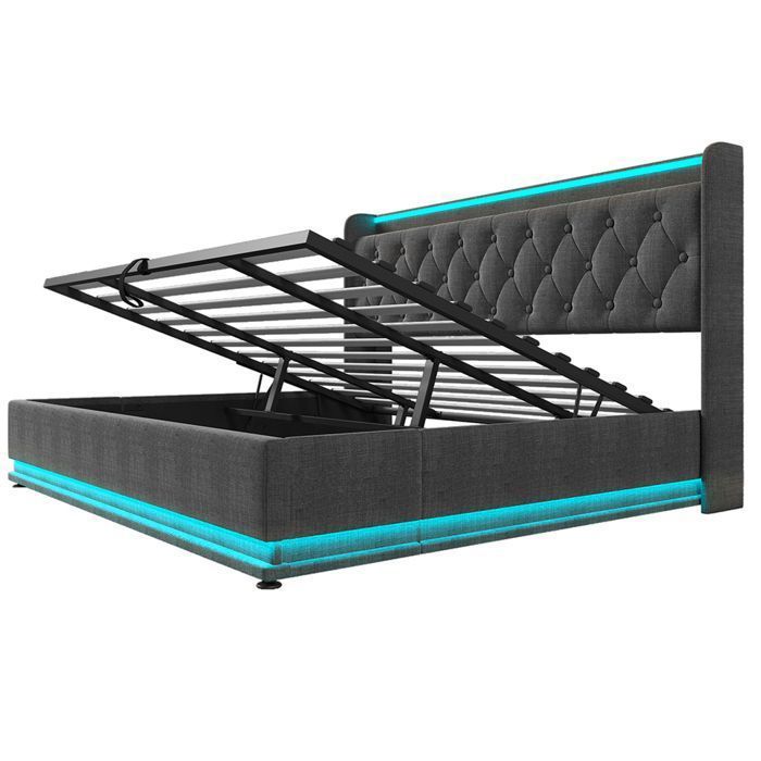 Lit coffre capitonné 180x200 cm en lin - avec Fonction de recharge USB Type-C et LED - Coffre de rangement - Sommier à lattes -