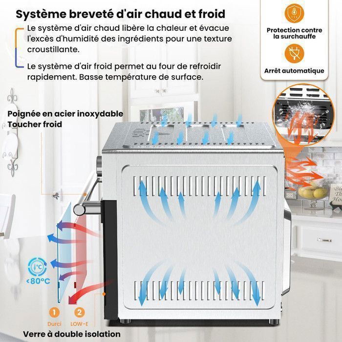 Mini four professionnel - Four a air, 30L/18 Programmes/30-230℃,  Lumière intégrée, Cavité et plateaux en acier inoxydable