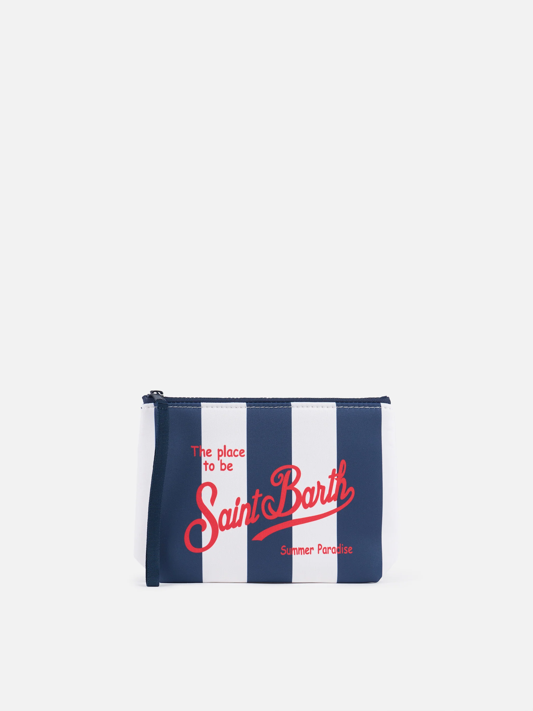 Aline Scuba Clutch - Blauwe gestreepte print met exclusief Saint Barth-logo en treklipje | MC2 Saint Barth