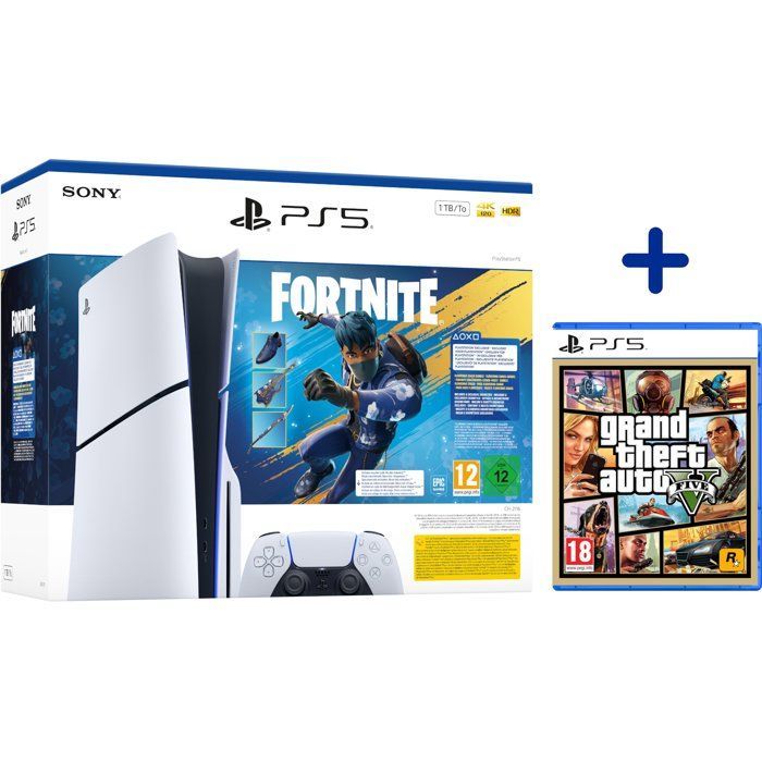 Pack PS5 Standard (avec lecteur CD) : Console PlayStation 5 (Modèle Slim) + Contenu Fortnite® Flowering Chaos + GTA V