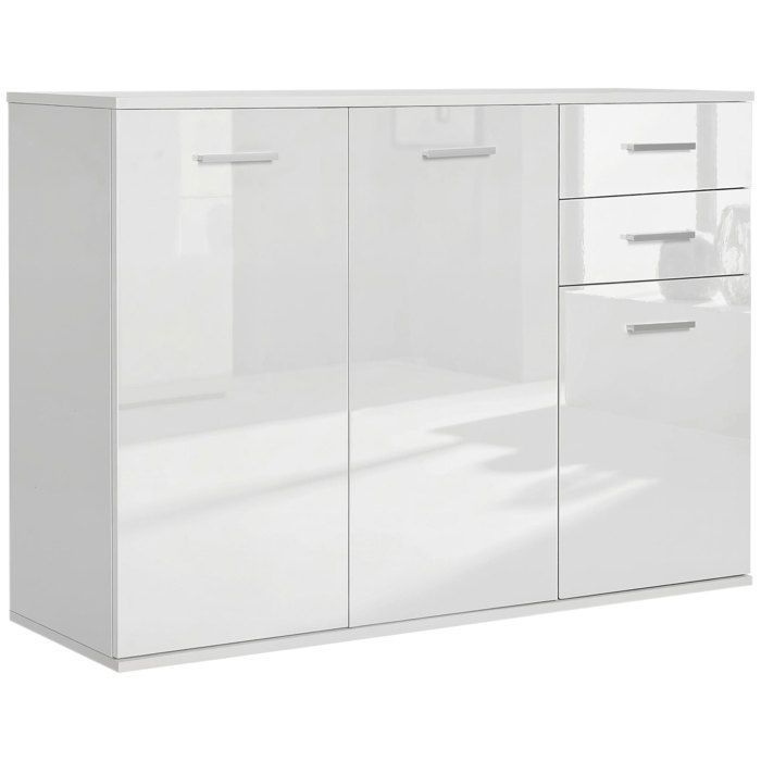 Aparador de salón - mueble de almacenamiento - HOMCOM - alto brillo, 2 cajones, 3 puertas, estante ajustable, estilo contemporáneo - madera - blanco