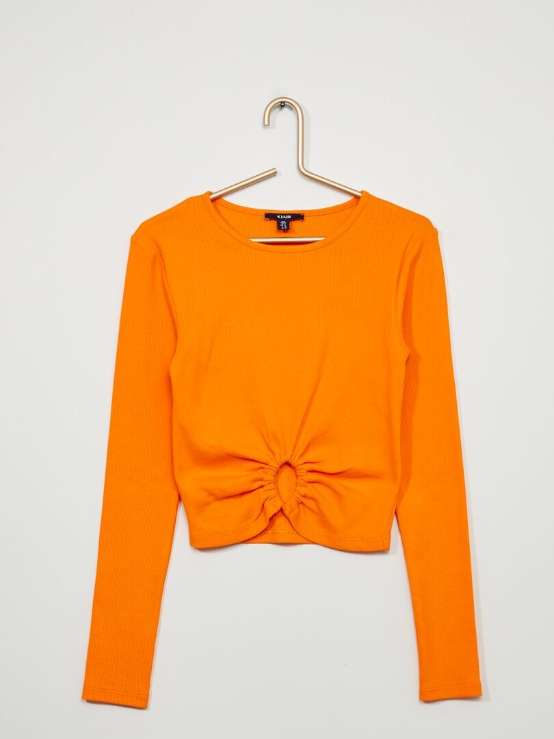 Geribbeld gebreid T-shirt met opening - oranje