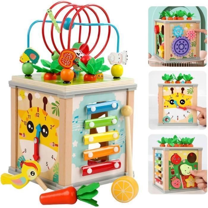 Cubo attività in legno, giocattolo per bambini di 2 anni, cubo attività in legno 7 in 1 per bambini da 1 a 4 anni, giocattolo Montessori