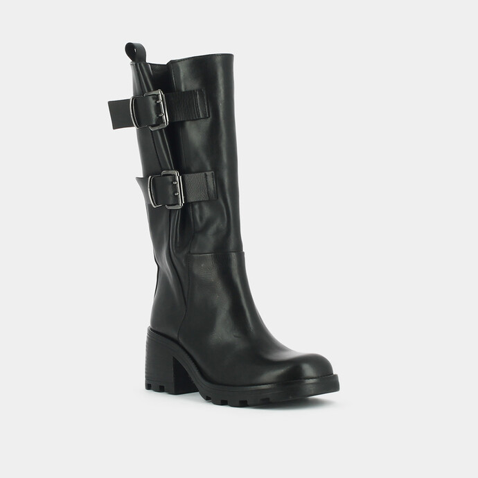 Bottes à talons et boucles latérales  en cuir noir