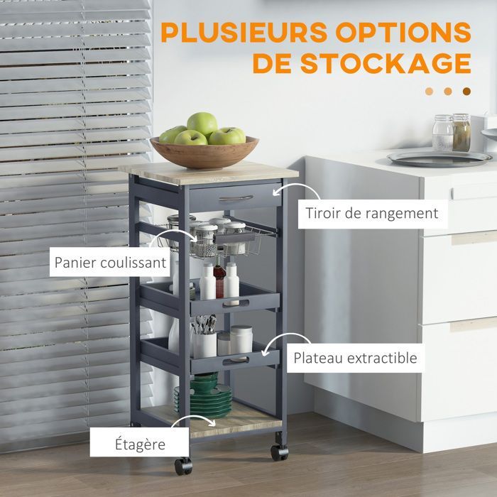 Carrito de servicio - HOMCOM - carrito de cocina con ruedas, cesta, 2 estantes extraíbles, cajón - MDF, pino - roble gris
