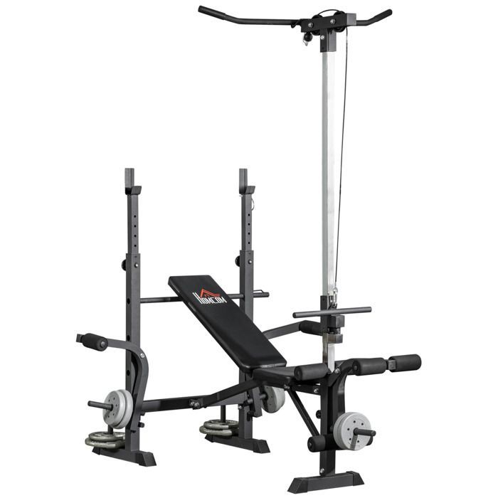 Banco de pesas multifuncional completo - HOMCOM - respaldo ajustable - sistema de poleas, soporte para barra, apertura de pecho