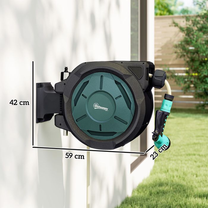 Wall-Mounted Hose Reel - Outsunny - 25m x 15mm Diameter - Automatic Retractable, 180° Swivel - 7-Mode Nozzle - Green