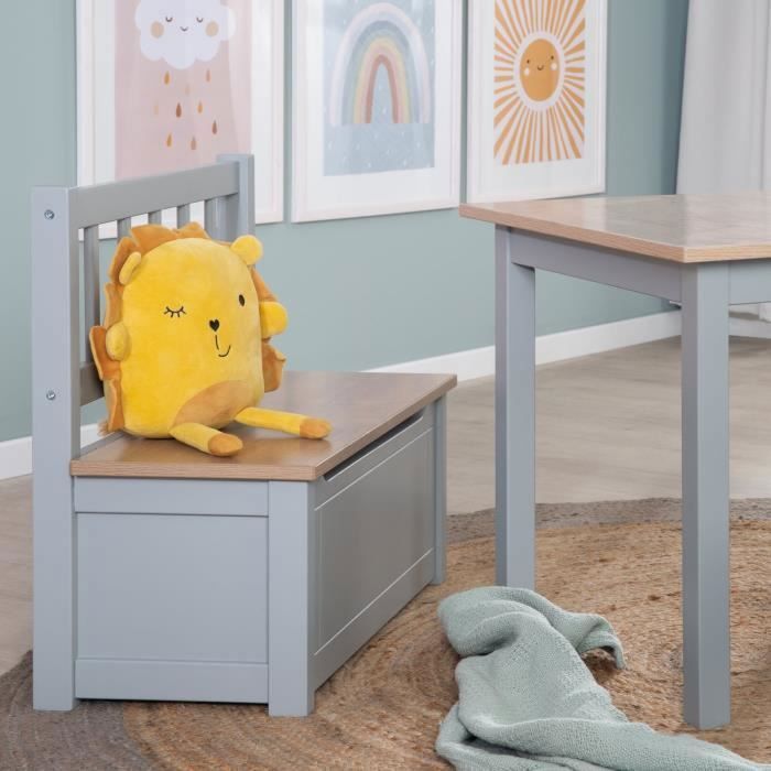 ROBA Banc Coffre à Jouets Woody pour Enfant - Meuble de Rangement en Bois 2 en 1 - Fermeture Douce - Taupe / Aspect Bois