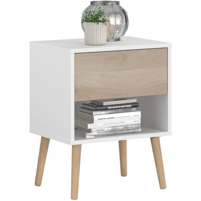 Ensemble Lit 140 x 190 cm + 2 chevets - AALBORG - Scandinave - Blanc / Chêne - PARISOT