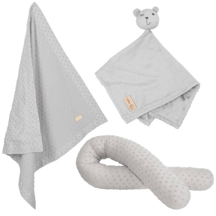 ROBA Coffret Bébé Lil Planet - 3 PCS - 1 Coussin Traversin + 1 Couverture + 1 Doudou - Cadeau de Naissance - Gris Argenté