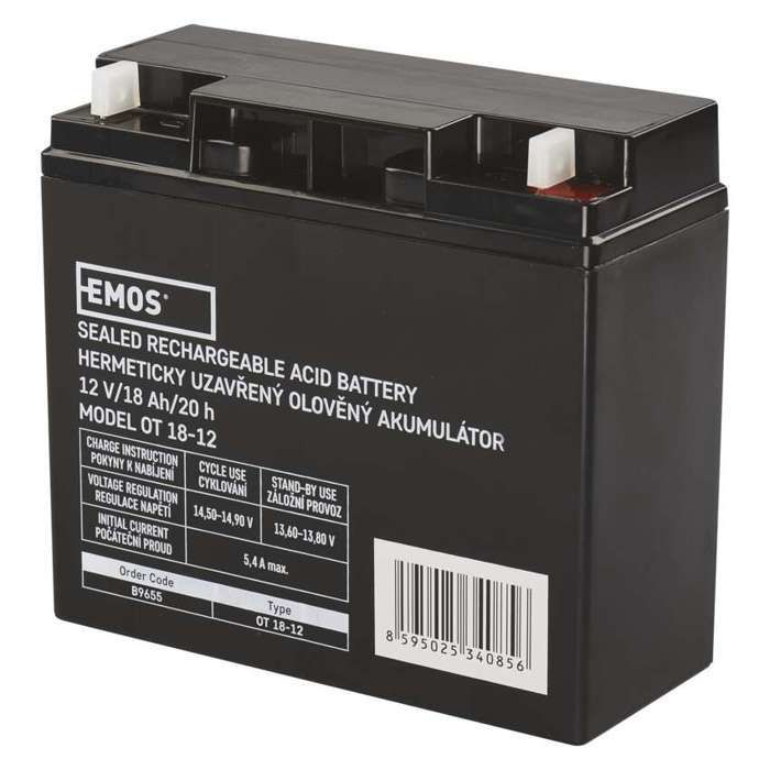 Batería de plomo-ácido de 12 V y 18 Ah; dimensiones 181 × 77 × 167 mm, peso 4,88 kg.