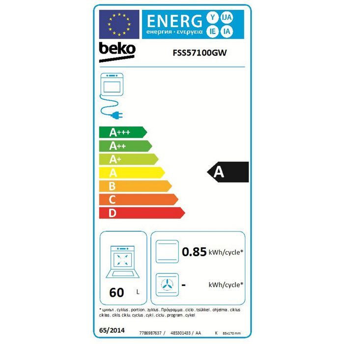 Fornuis - BEKO - FSS57100GW - 4 keramische kookplaten - 60 liter heteluchtoven - Wit