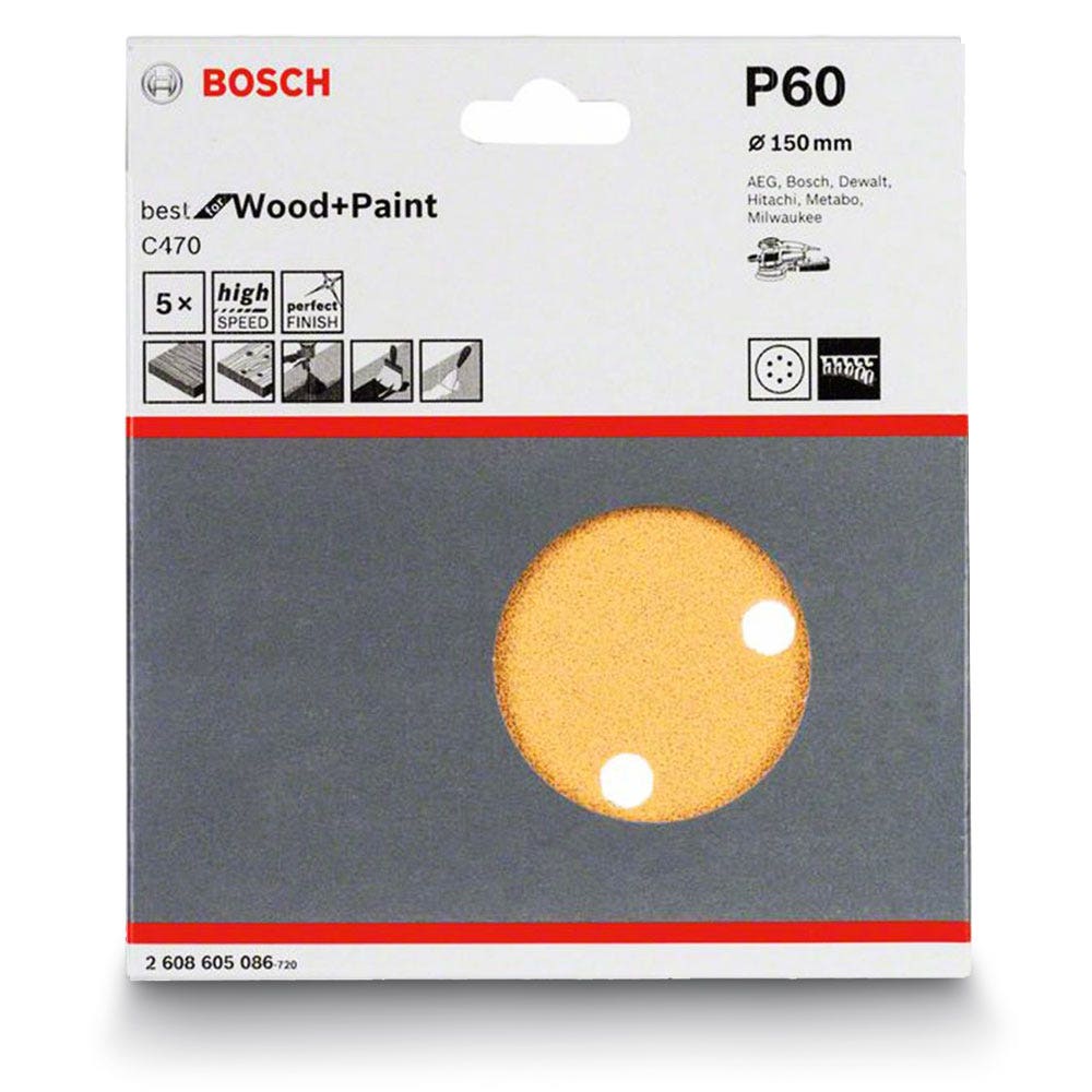 BOSCH 150 mm Klett-Schleifscheibe, Körnung 60, 6 Löcher, für Holz und Lack – C470 – 5 Stück