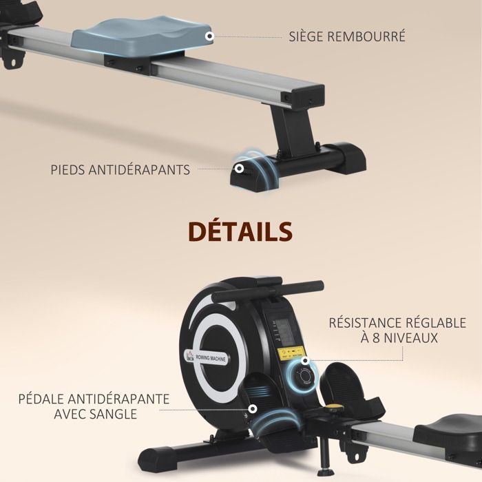 Máquina de remo de interior - HOMCOM - plegable, magnética, silenciosa, 8 niveles de resistencia, pantalla LCD, fitness en casa - ABS y acero - negro y plata
