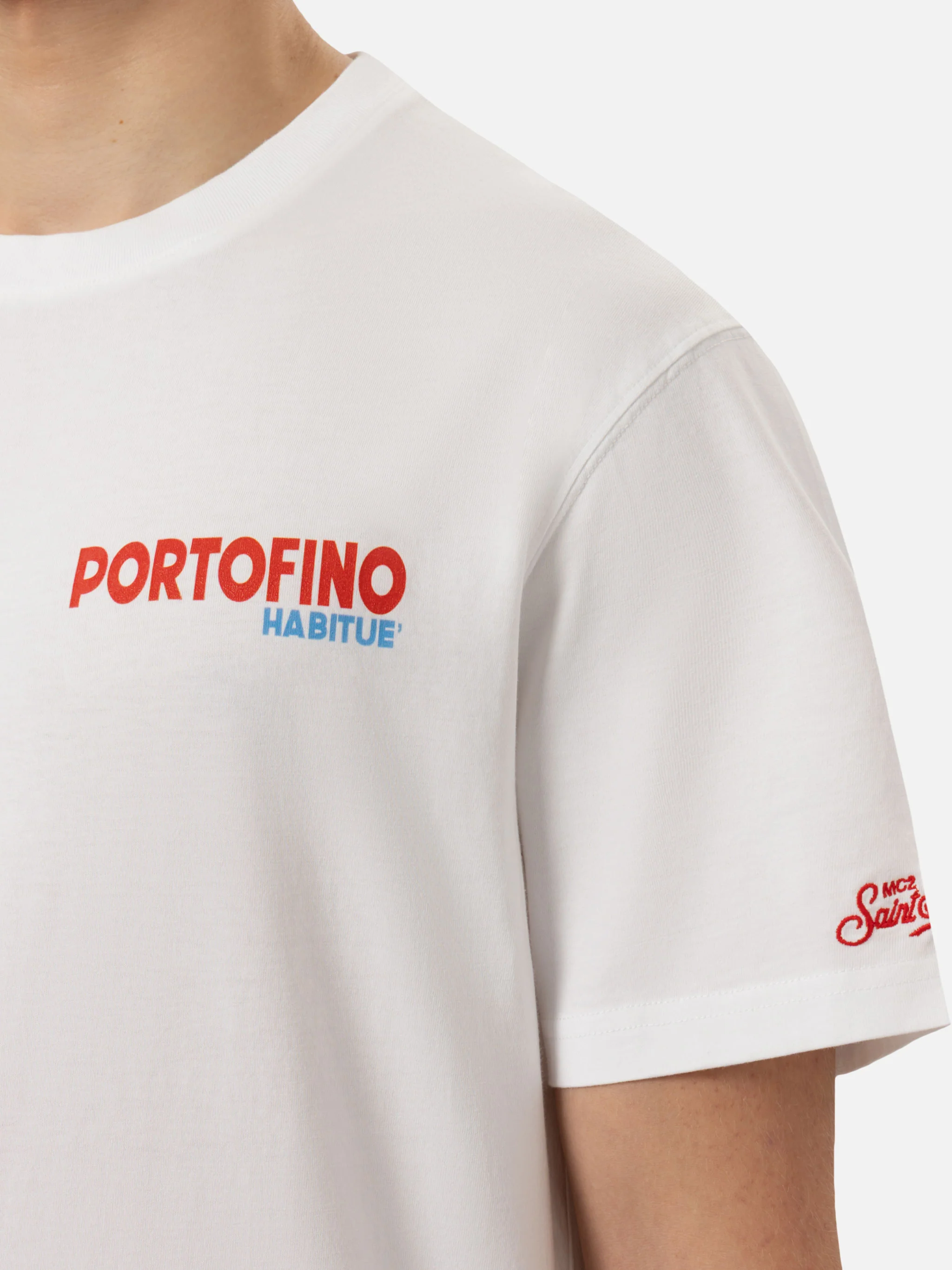 Heren katoenen T-shirt met print van een ansichtkaart van Portofino