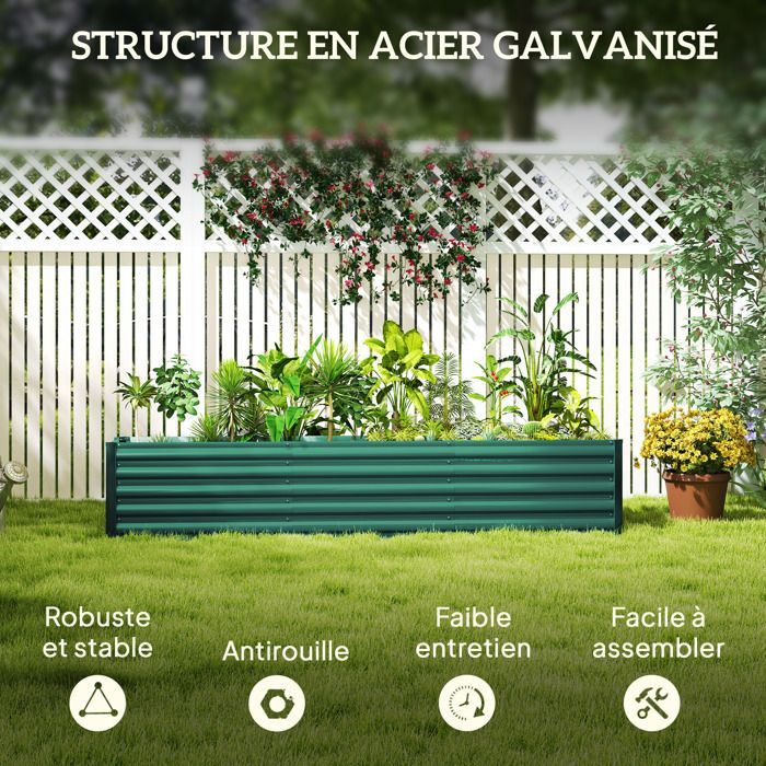 Huerto elevado Outsunny - barras de soporte y placas de esquina - fondo abierto - acero galvanizado - 240 x 40 x 45 cm - verde