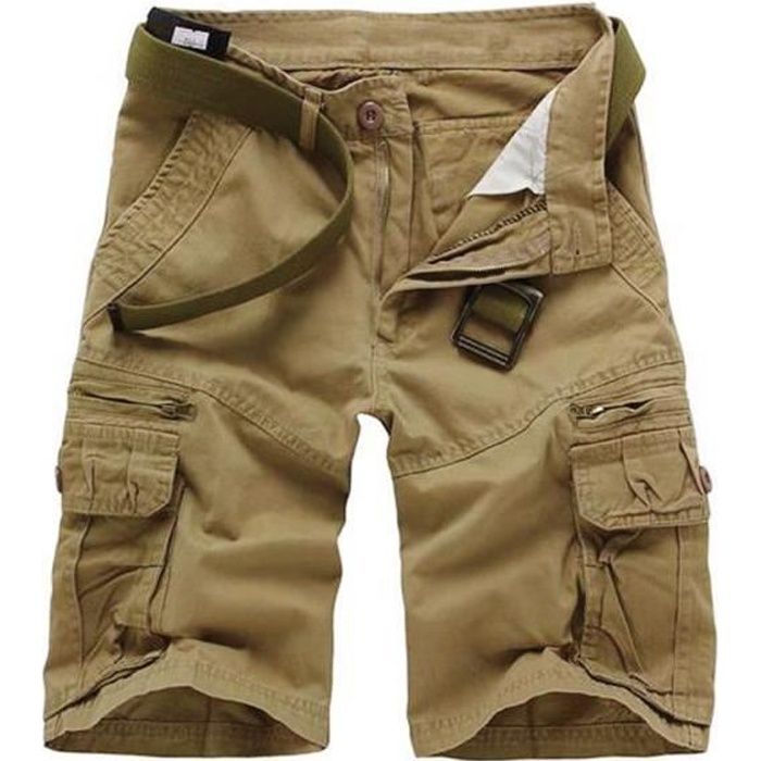 Short Cargo Homme Regular 100% Coton Casual Shorts Multi-poches Vêtement D'été - Kaki - Homme - Adulte