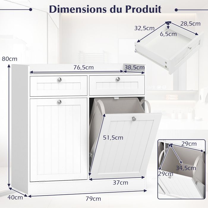 COSTWAY Meuble de Salle de Bain avec Panier Rabattable, 2 Tiroirs, 2 Paniers à Linge Amovible pour Salle de Bain, Buanderie Blanc
