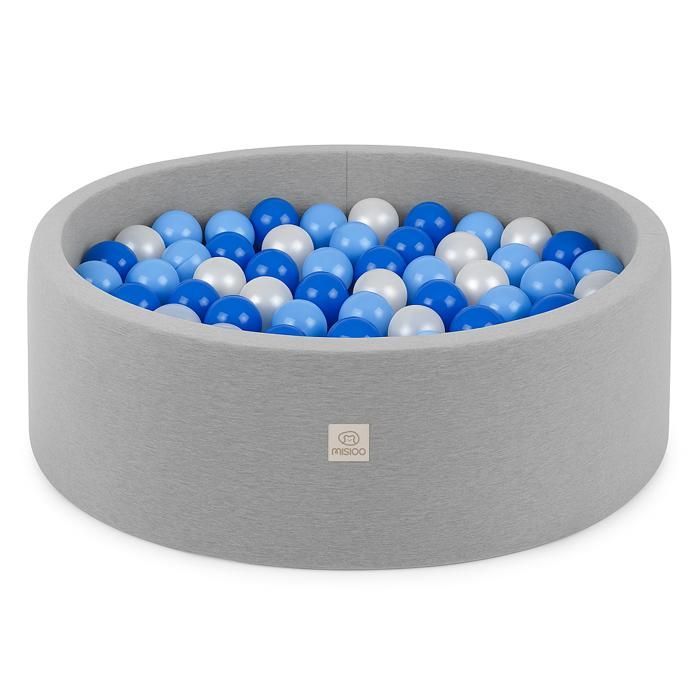 MISIOO Piscina di palline rotonda per cameretta neonati/bambini, in cotone, grigia, 90x30 cm, 200 palline: blu/azzurro/bianco perla
