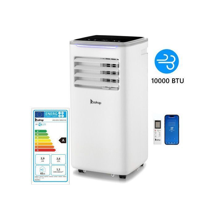 Aire acondicionado portátil de 10000 BTU con temporizador de 24 horas y control remoto.