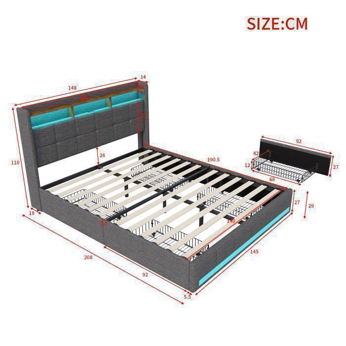 Bed van 140x190 cm met ledverlichting en 4 lades, volwassenenbed met USB-oplaadpunt, tweepersoonsbed, 2-persoonsbed, lattenbodem, beddengoed, grijs