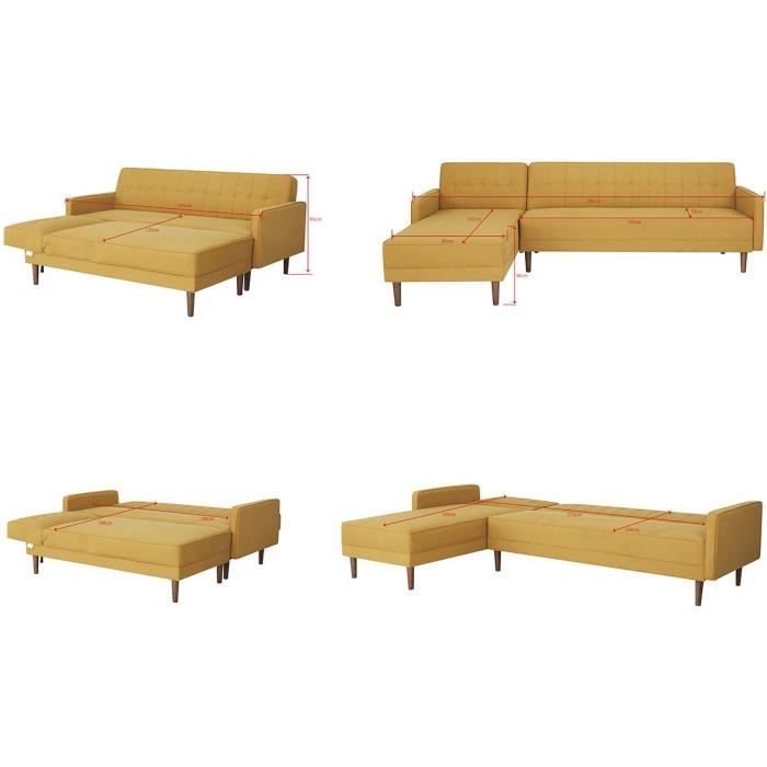 Canapé d'angle convertible 3 places réversible - Tissu jaune moutarde - Pieds en bois - L 286 x P 169 x H 80 cm - IMANIA