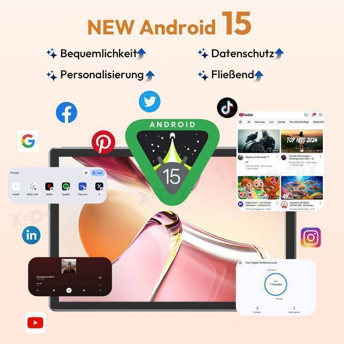 Tablette Tactile XGODY P60 Pro Android 15 24Go RAM+256Go ROM 10.1 pouces 8000mAh 4G LTE 5G WiFi 1920*1200 IPS Octa-core 5MP+13MP GPS