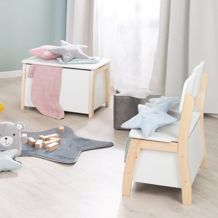 Banc Coffre à Jouets pour Enfant en Bois - ROBA - Meuble de Rangement 2 en 1 - Blanc / Naturel