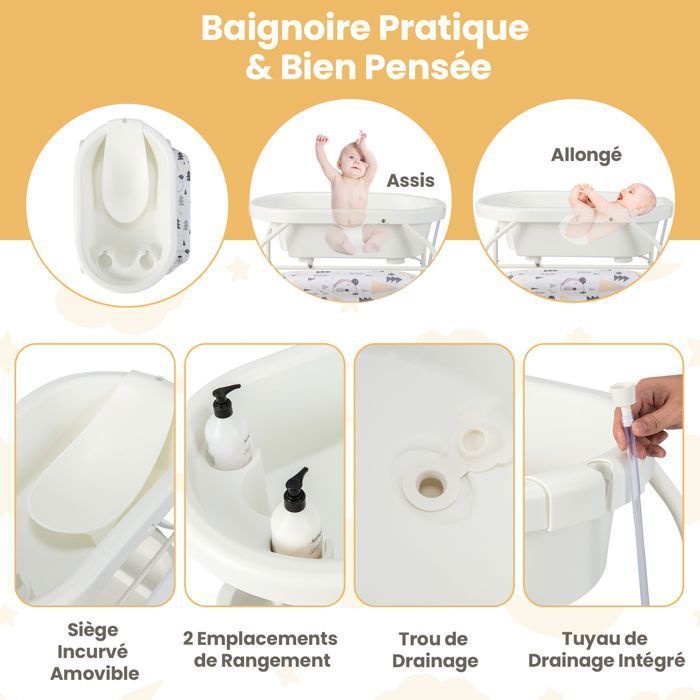 Cambiador plegable 4 en 1 para bebés COSTWAY con bañera (20 L) - 4 ruedas, manguera de 1 m, bandeja de almacenamiento, cojín de PVC impermeable - Capacidad de 35 kg - Blanco